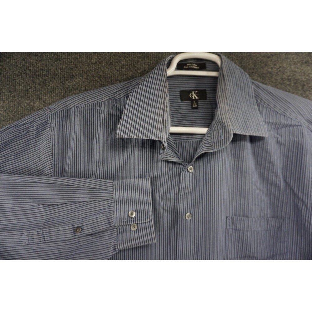 Calvin Klein Shirt Mens XL 17.5 36 37 Button Up Long Sleeve Cotton Blue Striped